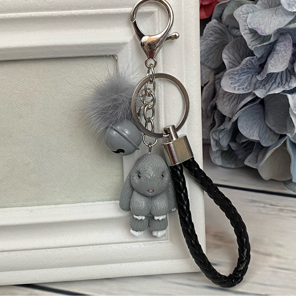 Gray Bunny Charm Keychain with Wristlet Strap - Picture 3 of 13